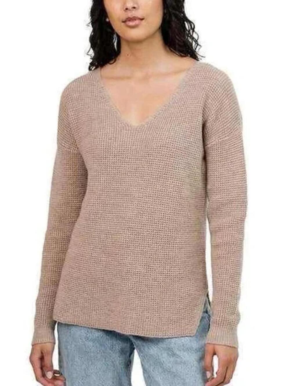 Kersh Women Beige Merino Wool Blend Waffle Knit V-Neck Sweater - Small